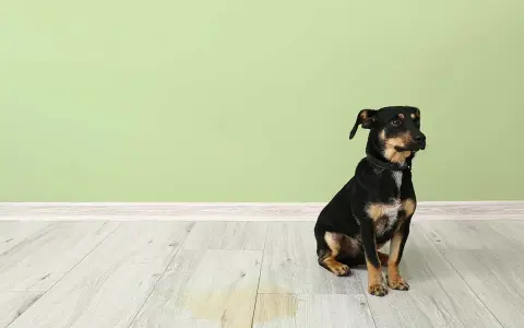 En liten hund sitter bredvid en pöl på golvet. Frågan är hur ofta kissar en hund?