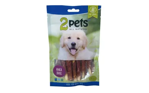 2pets tuggrulle med anka, utan spannmål. En glad hundvalp tittar fram på förpackningen. Perfekt för glada husdjur.
