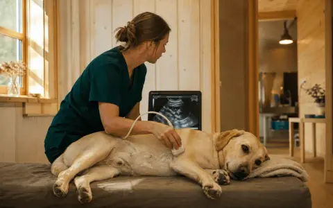 Veterinär undersöker hund med ultraljud för att upptäcka tarminflammation hund symptom. Hunden ligger på en brits.