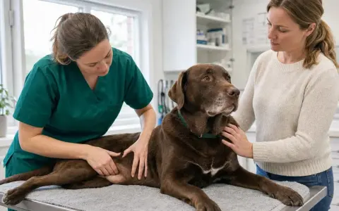 Veterinär undersöker en brun labrador som ligger på ett undersökningsbord. Ägaren håller hunden, orolig för stopp i tarmen hund symptom.