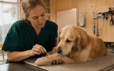 Veterinär undersöker ett insektsbett på en hunds tass.