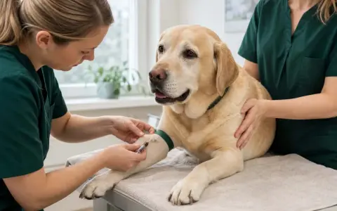 En veterinär tar blodprov på en labrador. Hunden är en blodgivare hund som hjälper andra djur.
