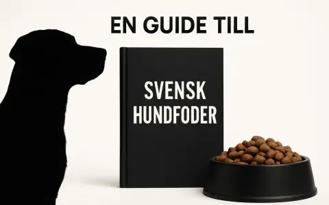 En guide till svensk hundfoder. En svart hundsilhuett tittar på en bok med titeln "Svensk Hundfoder" och en skål med hundmat.