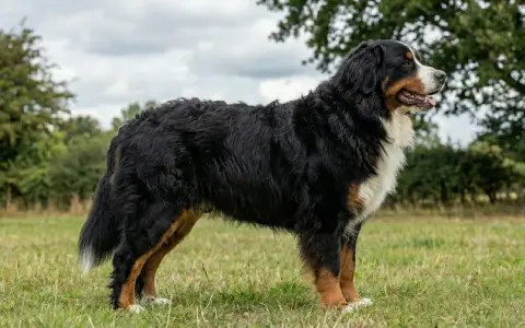 En ståtlig berner sennenhund står i en grönskande äng, med moln på himlen och träd i bakgrunden.
