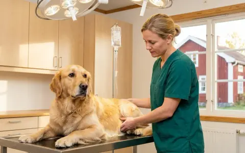 Veterinär undersöker en golden retriever på ett undersökningsbord. En droppställning står bredvid.
