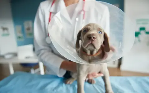 Söt valp med krage hos veterinären, kanske för en operation relaterad till kryptorkid hund.