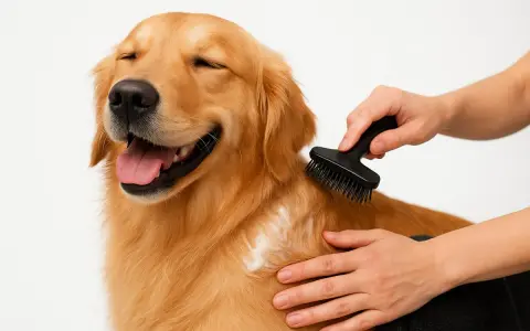 En glad golden retriever njuter av att bli borstad med en gummikarda.