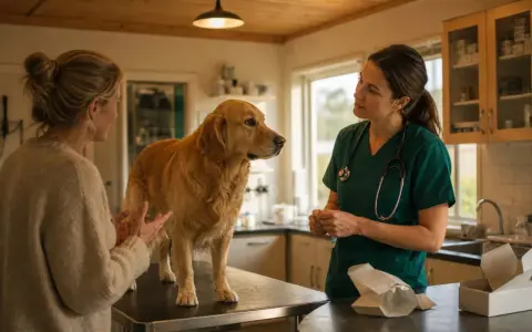 En orolig ägare pratar med veterinären om sin hund som verkar må dåligt.