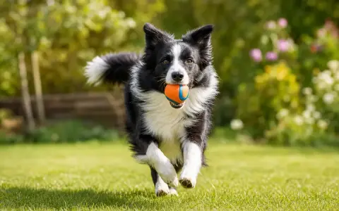 Glad border collie springer fram över gräsmattan med en orange gummiboll i munnen.