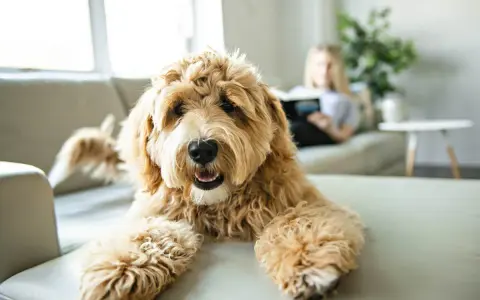 En fluffig labradoodle ligger på en soffa, redo att leka. Bakom syns en person som läser.