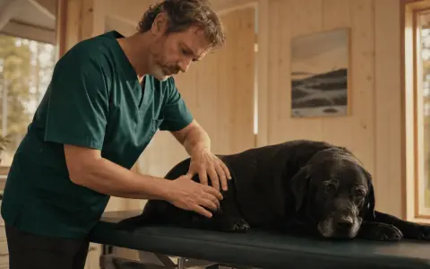 Veterinär undersöker en svart labrador. Hunden verkar lite hängig, kanske behöver den alvedon till hund för att må bättre.