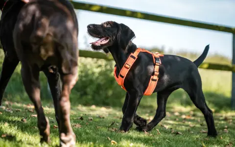 En glad svart valp med en mjuk sele hund leker på en grön gräsmatta.