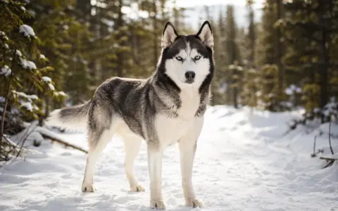 En ståtlig siberian husky med isblå ögon står i en snöig skog.