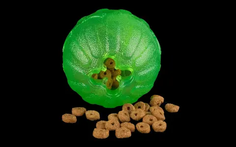En grön, knottrig leksak med hål där hundgodis sticker ut. En hög med hundgodis ligger framför. En riktig funball för din hund!