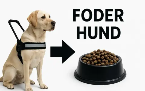 En gul labrador med sele, som pekar mot en skål med hundfoder. Sundhundmat för en glad hund.