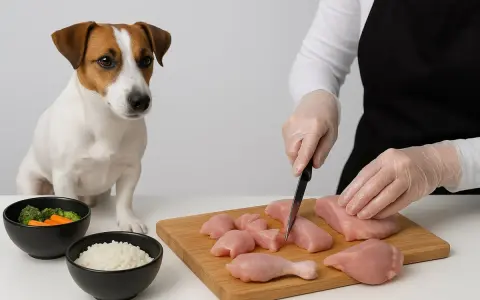 En person förbereder kyckling för att koka kyckling till hund. Bredvid står en söt Jack Russell Terrier och tittar på.