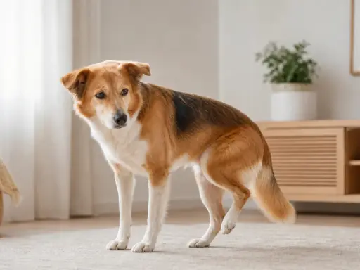 En gammal hund med en vinglig bakdel står på en matta.