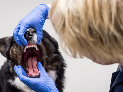 En veterinär undersöker en hunds mun. Hunden verkar ha dålig andedräkt, hund luktar illa i munnen.