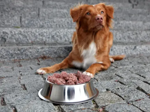 Brun hund med vit bringa sitter framför en skål med mushbarf på stenlagd mark.