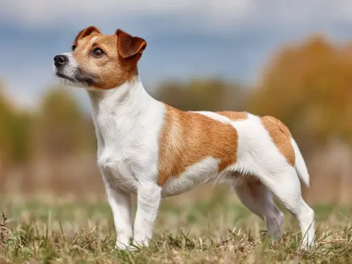 En alert jack russell står i gräset, med blicken fäst mot horisonten.