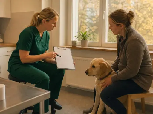 Veterinär diskuterar en plan för snabb viktnedgång hund med ägaren. Hunden ser lugn ut.