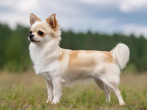 En långhårig chihuahua med ljus päls står i gräs. Dess chihuahua psyke lyser igenom i dess alerta blick.