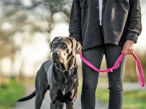 Stor grå hund med ett silverfärgat halsband står bredvid en person som håller ett rosa läderkoppel hund.
