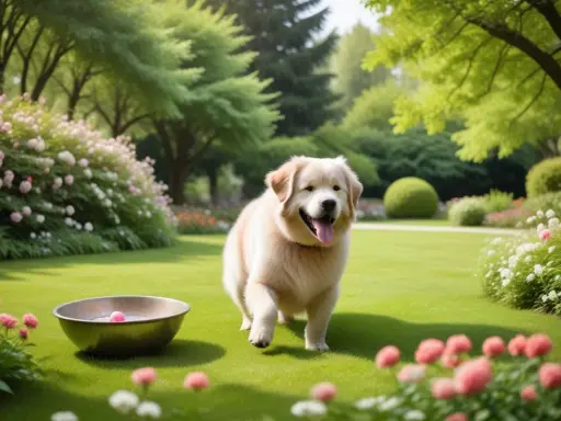 En glad golden retriever springer i en vacker trädgård. Kanske får den snart lite glukosamin pulver för att hålla lederna pigga.
