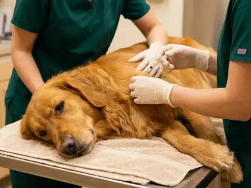 Veterinär ger injektion till golden retriever på undersökningsbordet, möjligen för behandling av neoplasi hos hund.