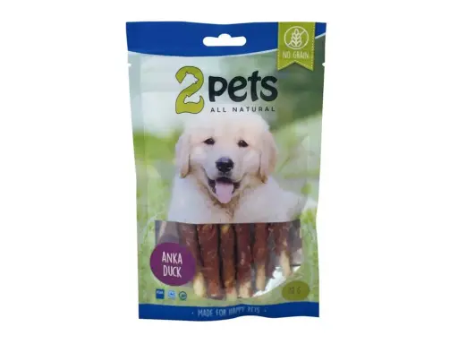 2pets tuggrulle med anka, utan spannmål. En glad hundvalp tittar fram på förpackningen. Perfekt för glada husdjur.