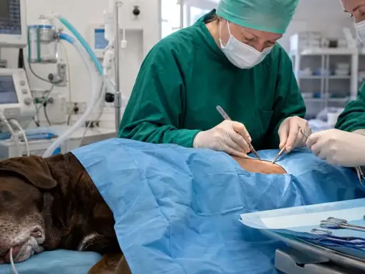 Veterinärer opererar en hund för pyometra. Hunden är sövd och övervakad av medicinsk utrustning.