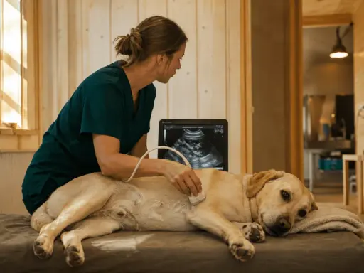 Veterinär undersöker hund med ultraljud för att upptäcka tarminflammation hund symptom. Hunden ligger på en brits.