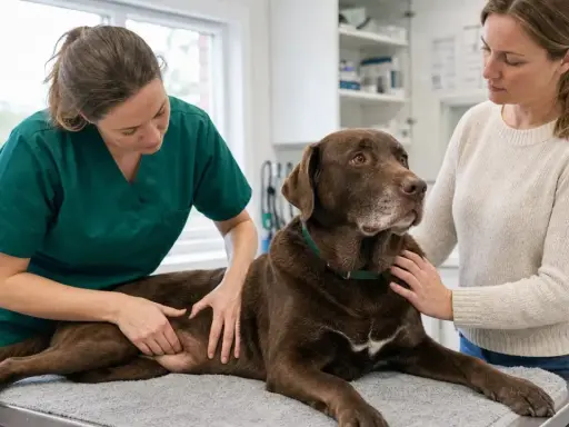 Veterinär undersöker en brun labrador som ligger på ett undersökningsbord. Ägaren håller hunden, orolig för stopp i tarmen hund symptom.