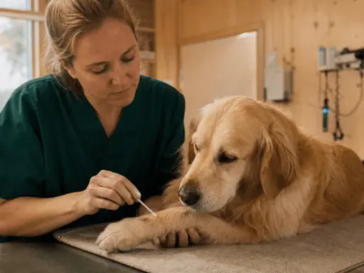 Veterinär undersöker ett insektsbett på en hunds tass.