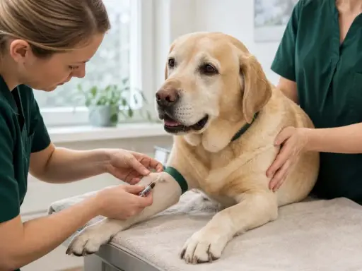 En veterinär tar blodprov på en labrador. Hunden är en blodgivare hund som hjälper andra djur.