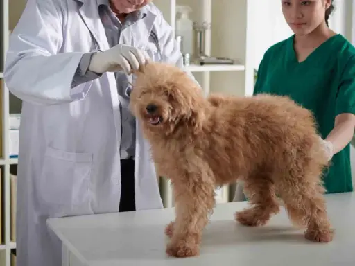 Veterinär undersöker en hund med misstänkt trakealkollaps. Hunden är brun och fluffig, står på ett undersökningsbord.