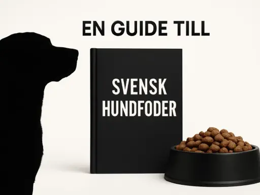 En guide till svensk hundfoder. En svart hundsilhuett tittar på en bok med titeln "Svensk Hundfoder" och en skål med hundmat.