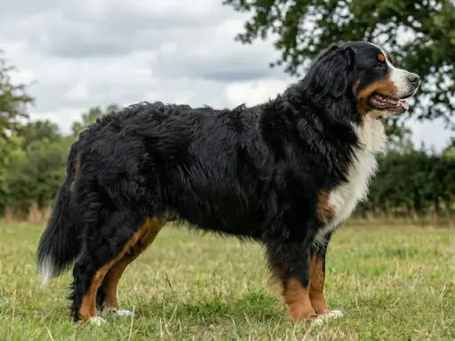 En ståtlig berner sennenhund står i en grönskande äng, med moln på himlen och träd i bakgrunden.