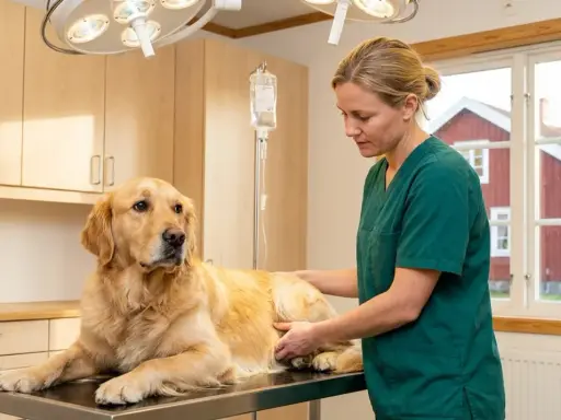 Veterinär undersöker en golden retriever på ett undersökningsbord. En droppställning står bredvid.