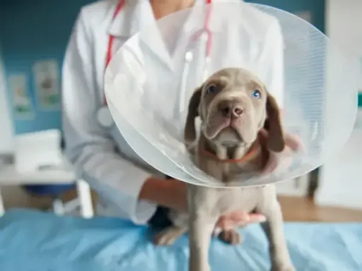 Söt valp med krage hos veterinären, kanske för en operation relaterad till kryptorkid hund.