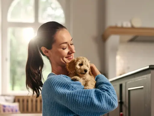 En kvinna håller en söt valp. Valpen ser ut som en liten, fluffig stjärna, en riktig boll av glädje.