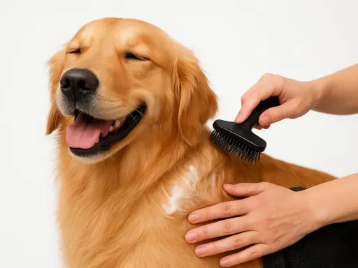 En glad golden retriever njuter av att bli borstad med en gummikarda.
