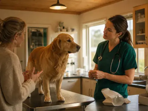 En orolig ägare pratar med veterinären om sin hund som verkar må dåligt.