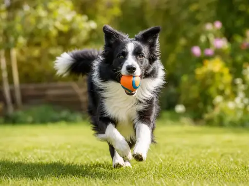 Glad border collie springer fram över gräsmattan med en orange gummiboll i munnen.