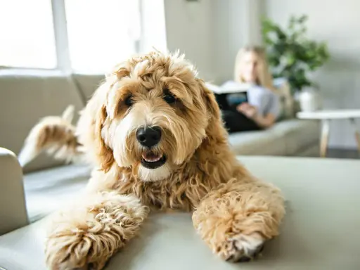 En fluffig labradoodle ligger på en soffa, redo att leka. Bakom syns en person som läser.