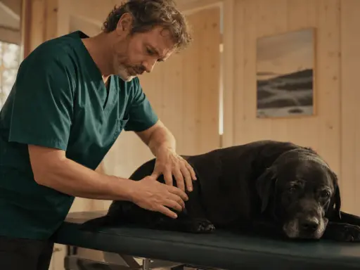 Veterinär undersöker en svart labrador. Hunden verkar lite hängig, kanske behöver den alvedon till hund för att må bättre.