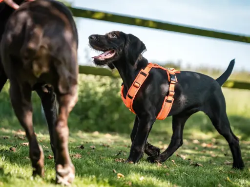 En glad svart valp med en mjuk sele hund leker på en grön gräsmatta.