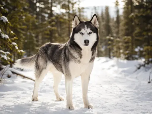 En ståtlig siberian husky med isblå ögon står i en snöig skog.
