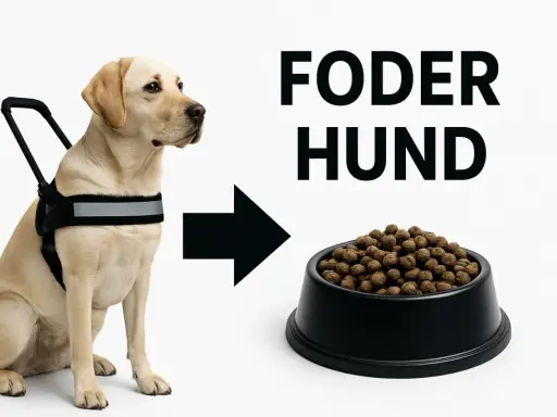 En gul labrador med sele, som pekar mot en skål med hundfoder. Sundhundmat för en glad hund.