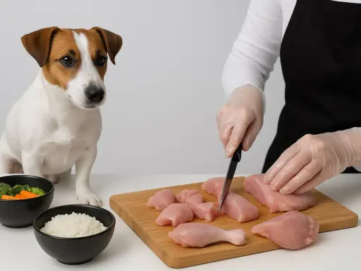 En person förbereder kyckling för att koka kyckling till hund. Bredvid står en söt Jack Russell Terrier och tittar på.